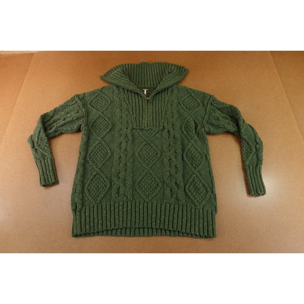 Free‎ People Womens Size XS Oversized Green Cable Knit Driftwood 1/2 Zip Sweater
